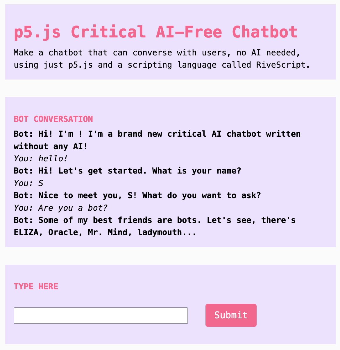 A screenshot of a chatbot interface with introductory conversation